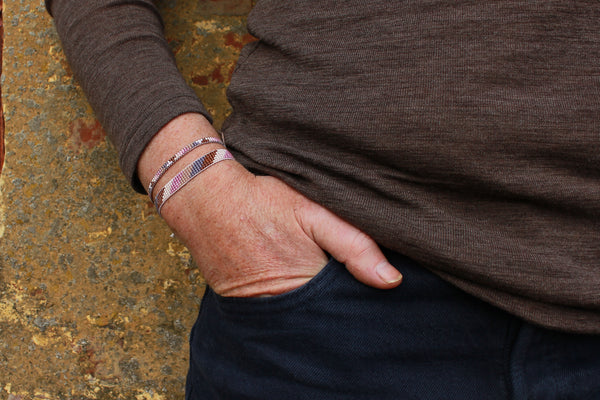 LOOM armbånd - 2 rækker (halvt kryds, lyserød, lilla, brun, beige)
